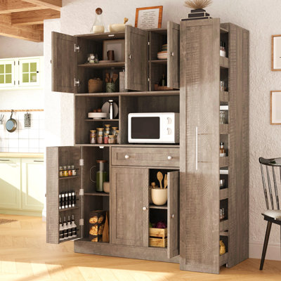 Buffet autoportant avec huche, grande armoire de rangement pour garde-manger avec armoire latérale coulissante, tablettes de porte et tiroir