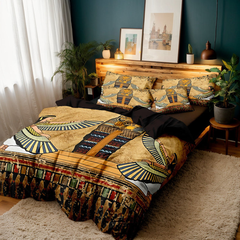 Housse de couette en microfibre à motif pharaon égyptien antique avec 2 taies d'oreiller standard, taille Queen, fermeture éclair