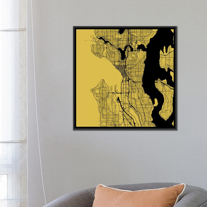 « seattle routes », impression sur toile tendue, H 26 po x l 26 po x P 1,5 po, Toile avec cadre noir, Pas de tapis