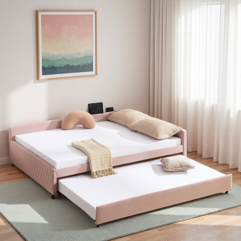 Upholstered Daybed With Trundle And Usb, Pink