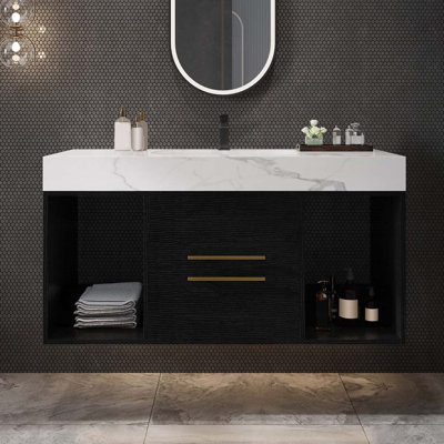 Meuble-lavabo flottant 39,4 po avec lavabo en céramique, 2 tiroirs muraux à fermeture en douceur et plateau en ardoise blanche