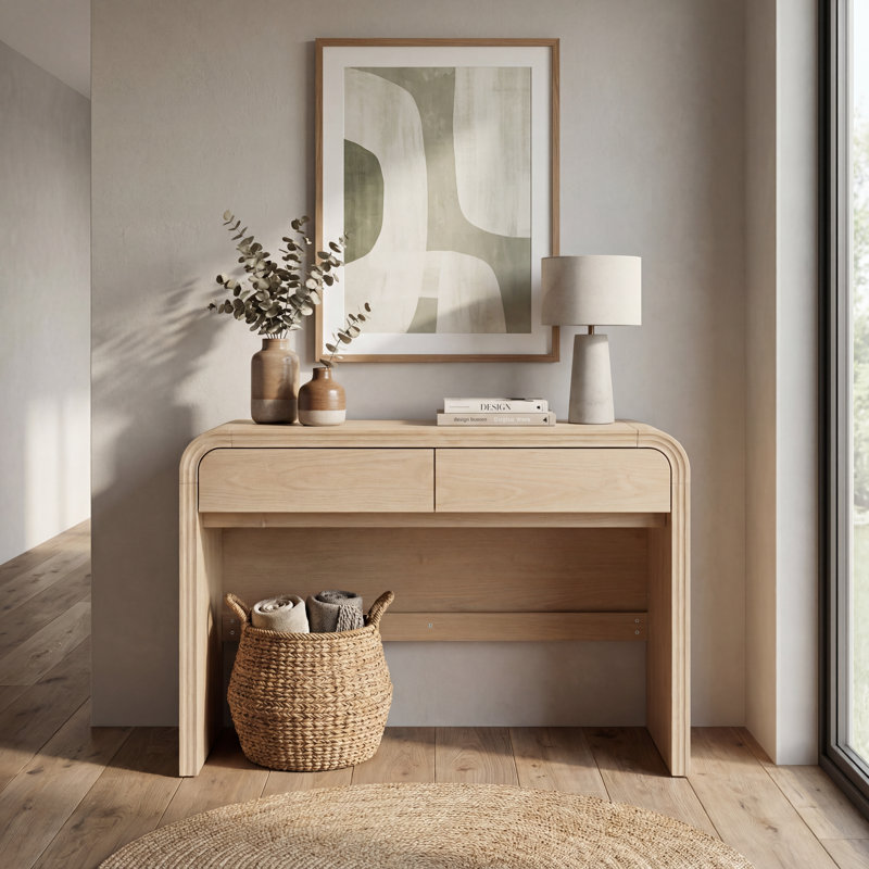 Curved Edge 47.24" Width MDF Console Table With 2 Drawers Storage Entryway Table, Natural Wood