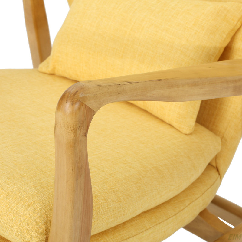 Chaise berçante élégante en bois massif avec coussin en lin jaune (chaise berçante)