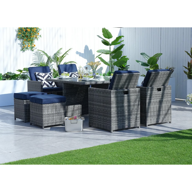 8 - Person Wicker Patio Dining Set with Square Table , Cushions Included, Gray, Navy