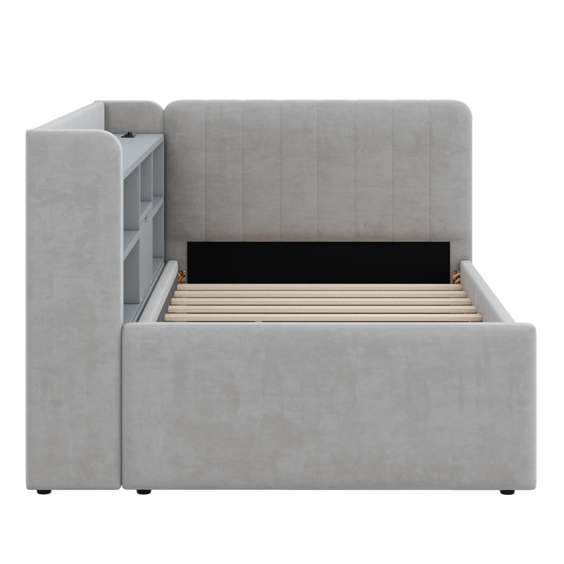 Upholstered Daybed With Trundle, Storage Shelves, USB & Outlet, Gray