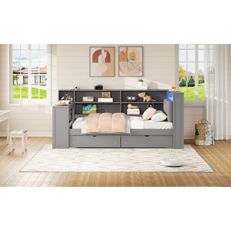 Wood Twin Size Bed Platform With 8 Storage Shelves, Drawers, Charging Ports, 7 - Color Led, Upholstered Headboard And Table, Grey Hue Accent Headboard, Charging, Led Desk, Blend