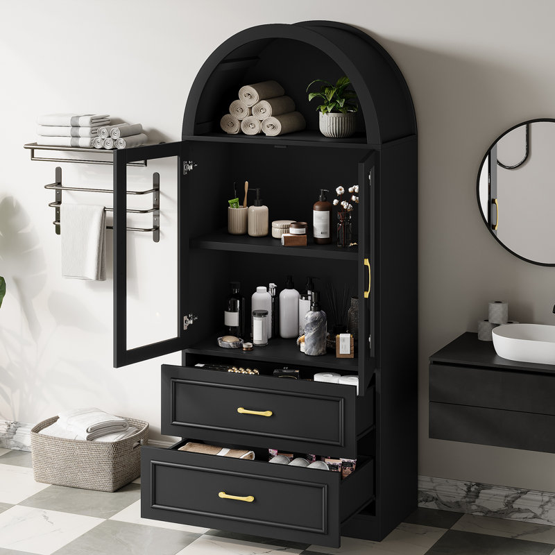 Armoire de rangement néo-classique arquée avec portes en verre trempé et tablettes fixes Fleeton, Black, 2