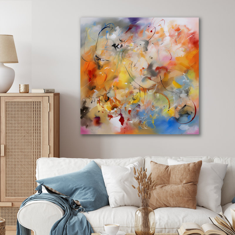«Blue, Yellow and Orange Colorful Whirls VII - Abstract Minimalisme», art mural encadré, H 34 po x l 44 po, Toile tendue