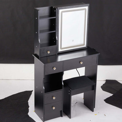 29.2" Small Size Left Drawer Desktop Vanity Table + Cushioned Stool,2 AC+2 USB Power Station,Hair Dryer Bracket,Extra Large Touch Control Sliding LED Mirror,Tri-color Switching,Brightness Adjust