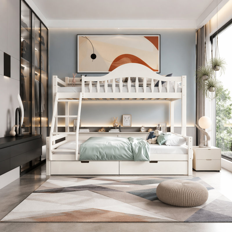 Lit superposé simple au-dessus d'un lit double avec tiroirs de rangement, garde-corps courbé chic et tablettes de rangement latérales, structure de lit superposé en bois massif avec échelle, aucun sommier tapissier nécessaire. Beige