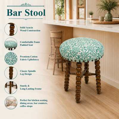 Tabouret de bar rembourré Spindle avec structure en bois d'acacia massif, confortable et durable pour les cuisines et les bars modernes.