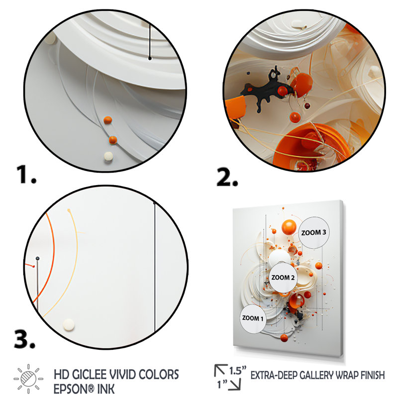 Symétrie orange et blanche en spirale I - art mural géométrique abstrait pour le salon, Cadre flottant noir
