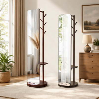 Miroir pleine grandeur rotatif à 360 ° avec portemanteau, miroir corporel en bois massif avec crochets et tablettes de rangement, portemanteau autoportant