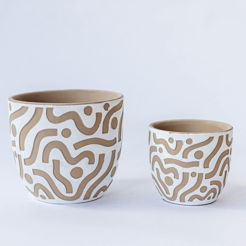 Set Of 2 Aztec Inspired Pattern Flower Pots Planters