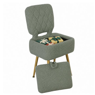 Sherpa Vanity Chair with Storage - Small Upholstered Makeup Stool with Back, Soft Fleece Accent Seat for Dressing Table