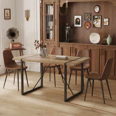 5-Piece Modern Industrial Rectangular Wood Dining Set with Upholstered Chairs