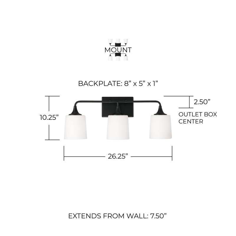 Pudsey 3-Light Dimmable Steel Vanity Light with Backplate , Matte Black