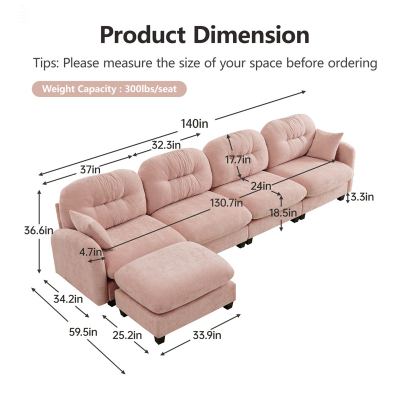 Canapé modulaire en L modulaire avec repose-pieds, tissu chenille doux, conception ergonomique, dossier capitonné, base en bois de haute qualité facile à installer, convient aux chambres à coucher, aux coins de lecture, rose