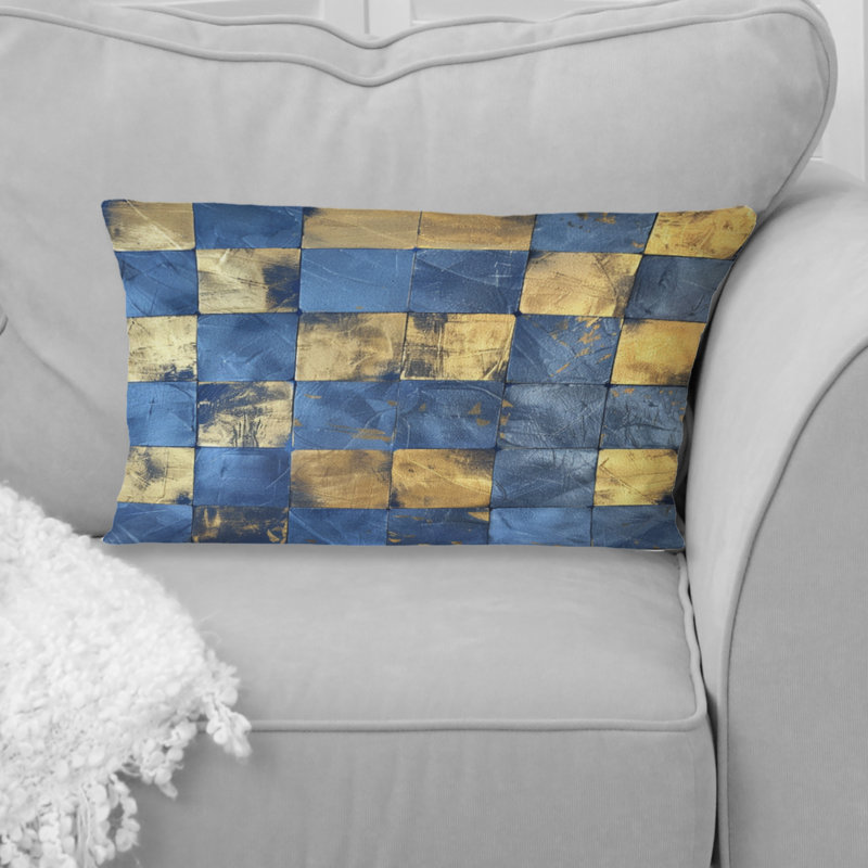 Tuiles cubiques dorées bleues - Coussin décoratif, H 12 po x l 20 po, Forme rectangulaire