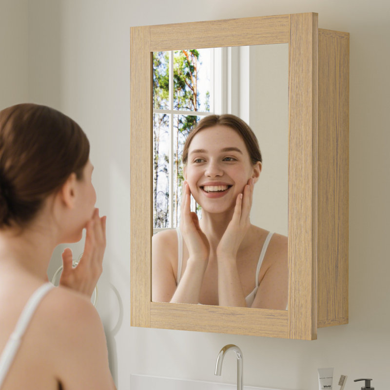 16" W X 24" H Wide Frame Oak Wood Medicine Cabinet with Mirror, Adjustable Shelves, Soft-Close Hinges and Reversible Door, Wall-Mount or Recessed for Makeup, Shaving or Bathroom Vanity Storage