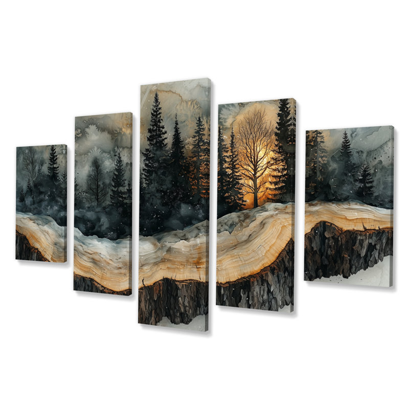 Arbre 4 saisons dans un paysage de forêt I - Art mural forêt - ensemble d'art mural traditionnel 5 pièces
