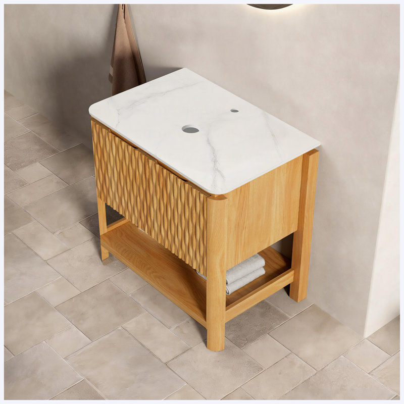 Armoire de rangement de salle de bain autoportante 30 po avec 2 portes à fermeture douce et tablette ouverte, plateau en pierre frittée blanc de Carrare, finition grain de bois, sans cuve incluse