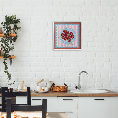 Giclée encadrée de cerises rouges sur rayures roses, design par Rachael Reese