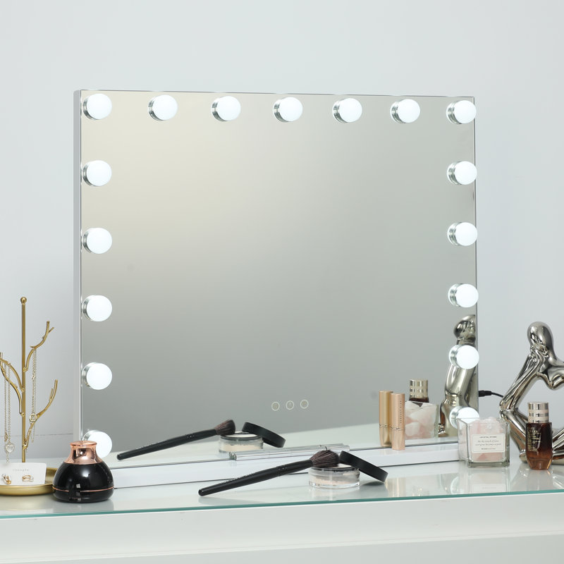 Miroir de maquillage avec 17 ampoules, 3 modes d'éclairage, luminosité réglable, écran tactile, port USB, fixation murale ou sur table