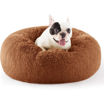Lit pour chien apaisant pour petits chiens - Petit lit pour animal de compagnie lavable en forme de beignet, grand lit pour chat en fausse fourrure moelleux et antidérapant de 23 pouces, pouvant accueillir jusqu'à 25 lb d'animaux de compagnie, cuivre