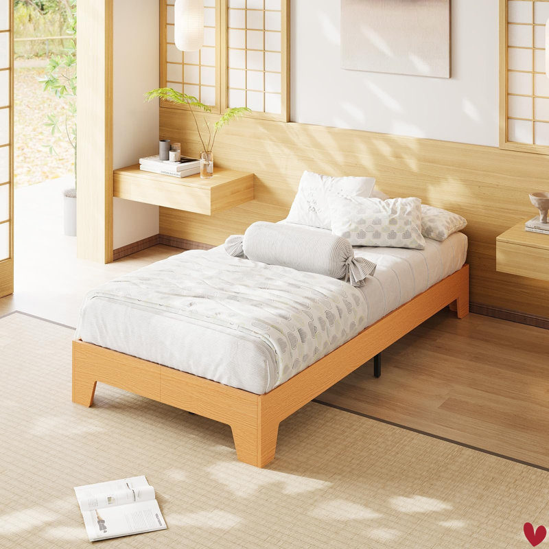 Wooden Bed Frame for Mattress, Farmhouse Platform Bed with Reinforced Slats & Center Support, No Box Spring Needed, King/Pine