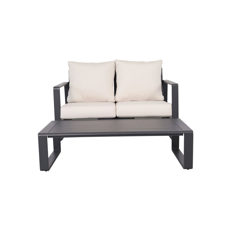 Canapé double + table basse rectangulaire, coussins, Beige, Brun
