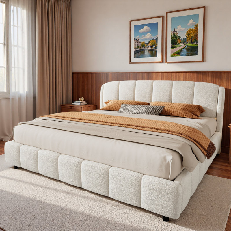 Lit plateforme tapissier Boucle avec tête de lit arrondie et pieds robustes