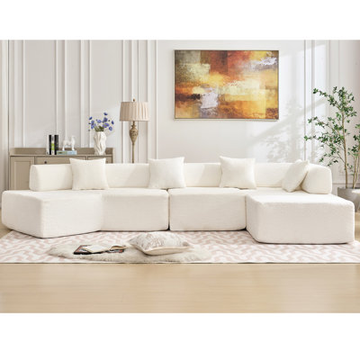 140" L-Shape With Chaise, 4 Seats, White - No Assembly, Fashionable Living Room Home Boucle Seats Assembly Required, Modern Minimalist