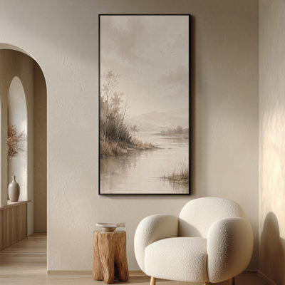 Très grande reproduction d'art sur toile - Paysage de rivière en sépia brumeux avec des arbres doux et un reflet d'eau calme, décoration murale nature minimale pour le salon ou la chambre à coucher - «Assemblage requis du cadre (cadre non fini)»