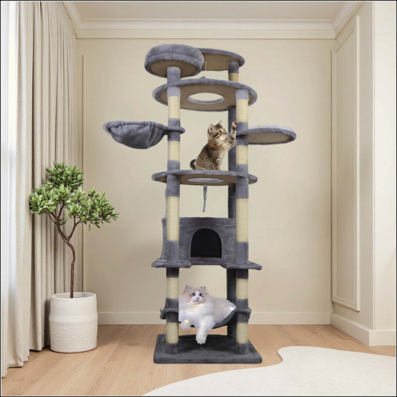 Tour pour arbre à chat avec base large, grand condo, 12 poteaux à griffer en sisal, grand hamac, plateforme supérieure, perchoir et jouet interactif
