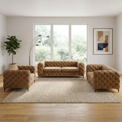 Ensemble de salon en polyester capitonné 3 pièces avec fauteuil Chesterfield Willa