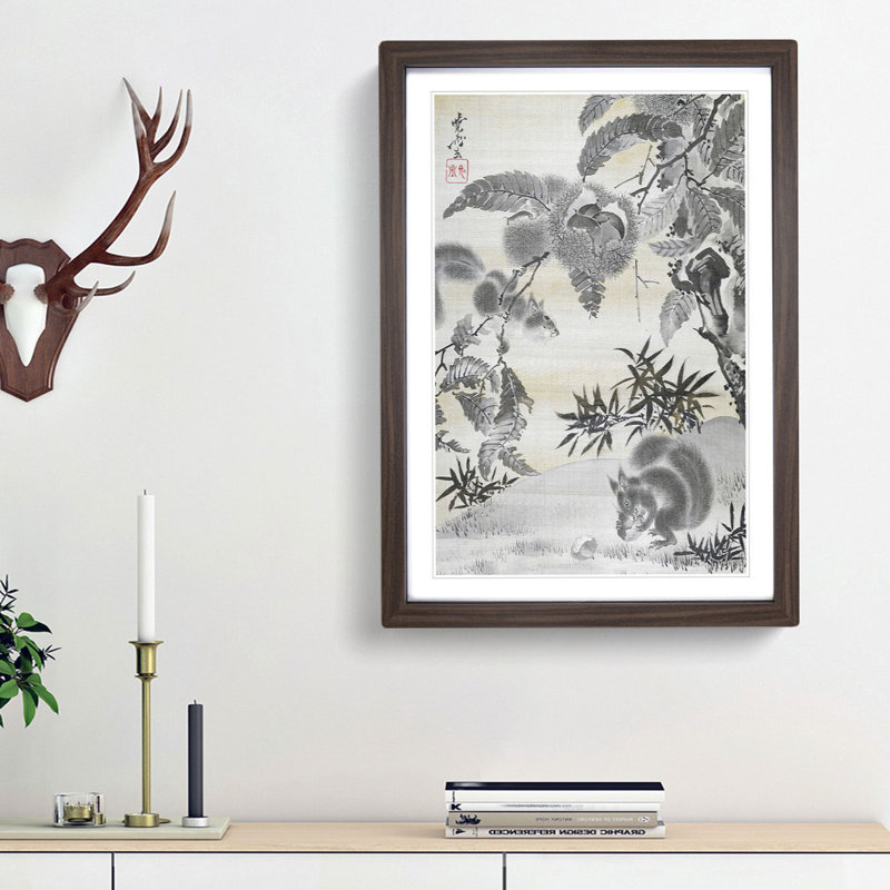 Squirrels Gathering Chestnuts by Kawanabe Kyosai - Picture Frame Painting Print, 36cm H x 27cm W x 2cm D, Walnut Framed
