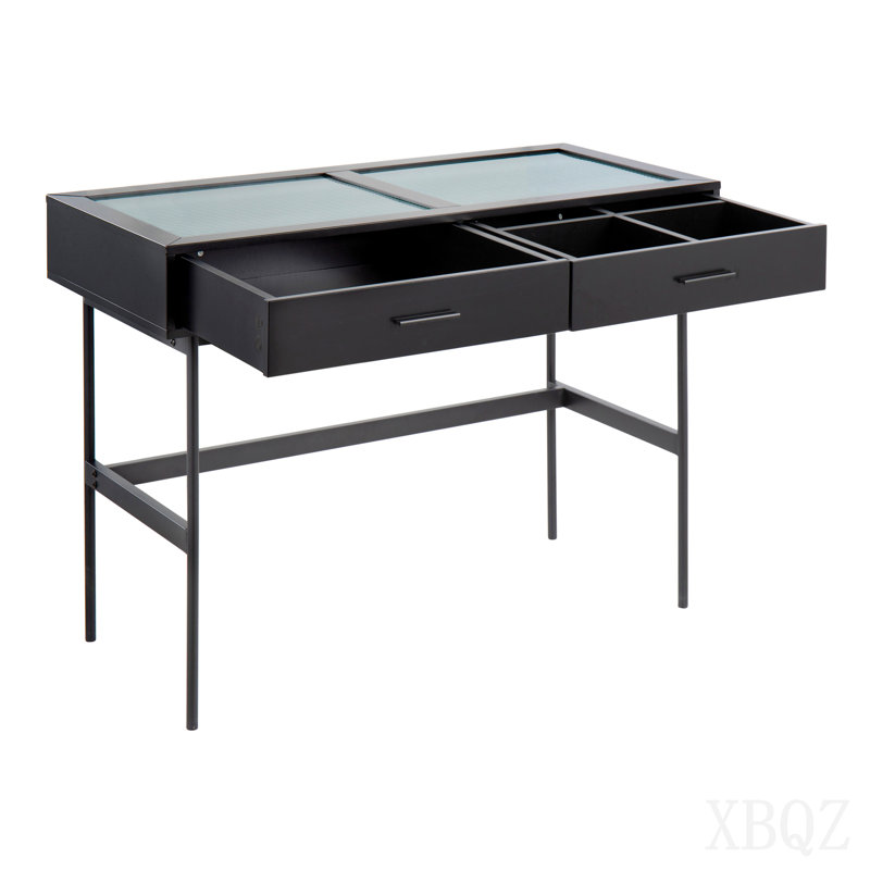 Console contemporaine en bois noir, acier noir et plateau en verre, Noir
