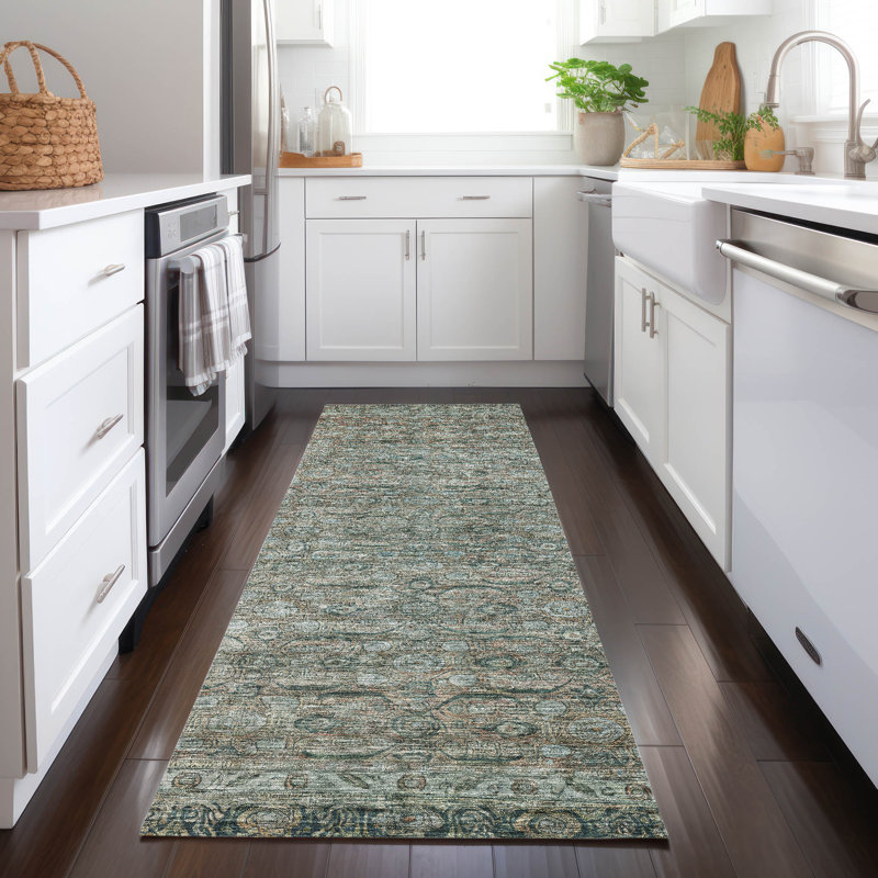 Teal Synthetic Washable Non-Slip Indoor/Outdoor Rug 27" x 90"