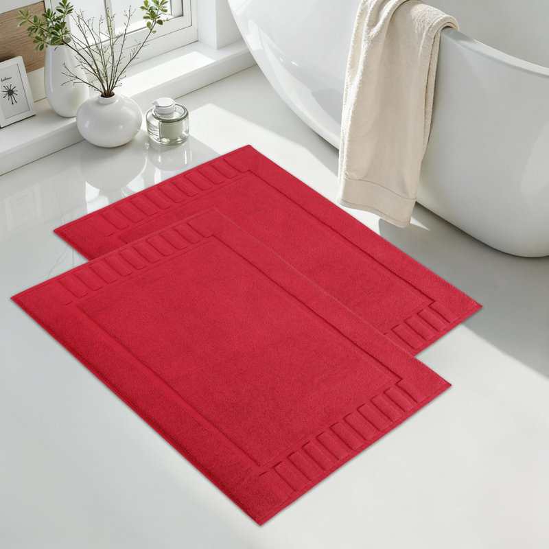 Tapis de bain 100% coton à bordure géométrique , Canneberge