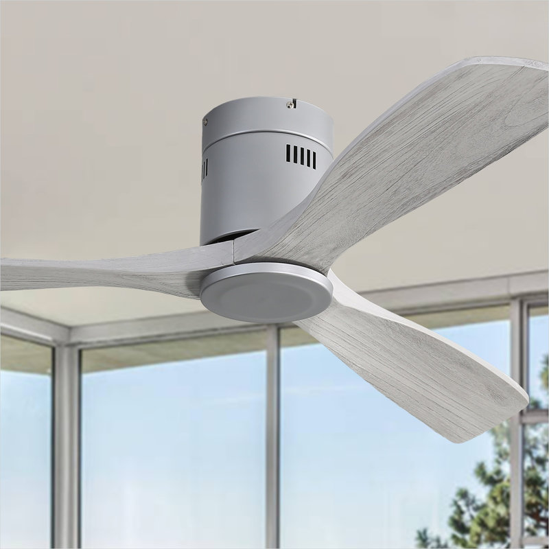 Ventilateur de plafond encastré en bois avec télécommande, 52 pouces, 3 pales sculptées, moteur à courant continu réversible, finition argent classique