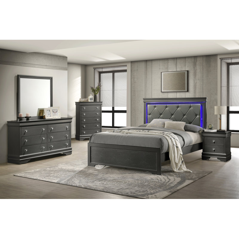 Lit rembourré de style moderne Blaze avec tête de lit à DEL et bois, Lit double, Gris métallisé