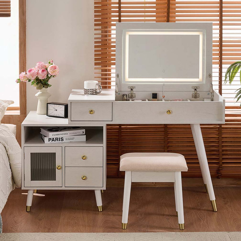 Bureau de coiffeuse avec miroir basculant éclairé et armoire réglable, Blanc
