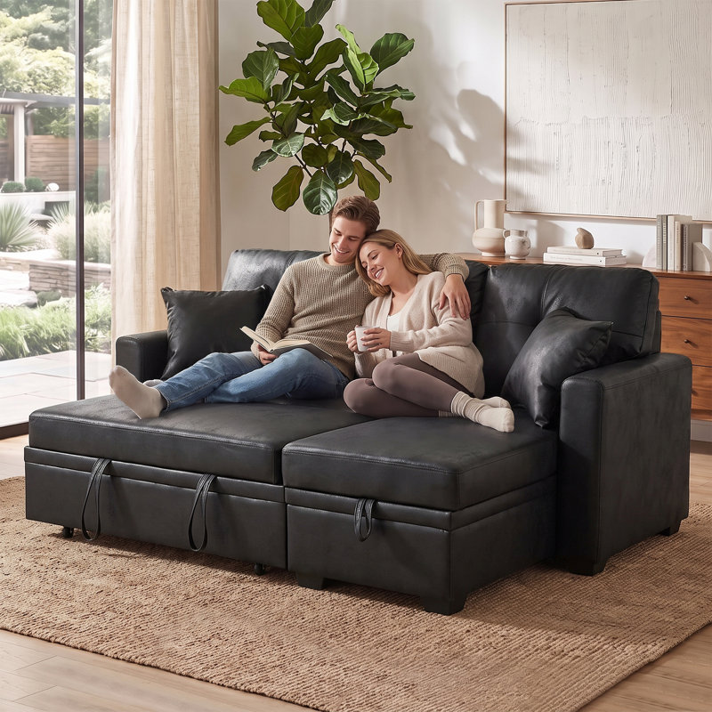Canapé-lit modulaire convertible 71 po avec lit escamotable et méridienne réversible avec rangement, Polyester noir