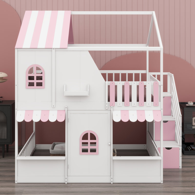 Lit superposé Kids Playhouse avec escalier de rangement intégré et tablettes ouvertes, White+Pink