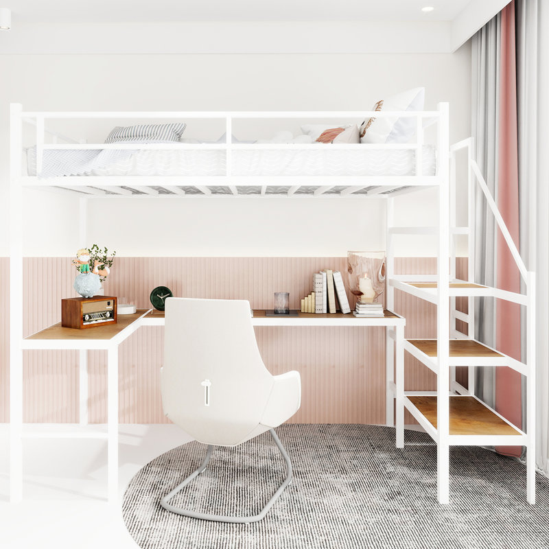 Lit mezzanine simple en fer avec bureau en forme de L et trois tablettes, fonctionnalité, stabilité à long terme, pour espace de travail à la maison