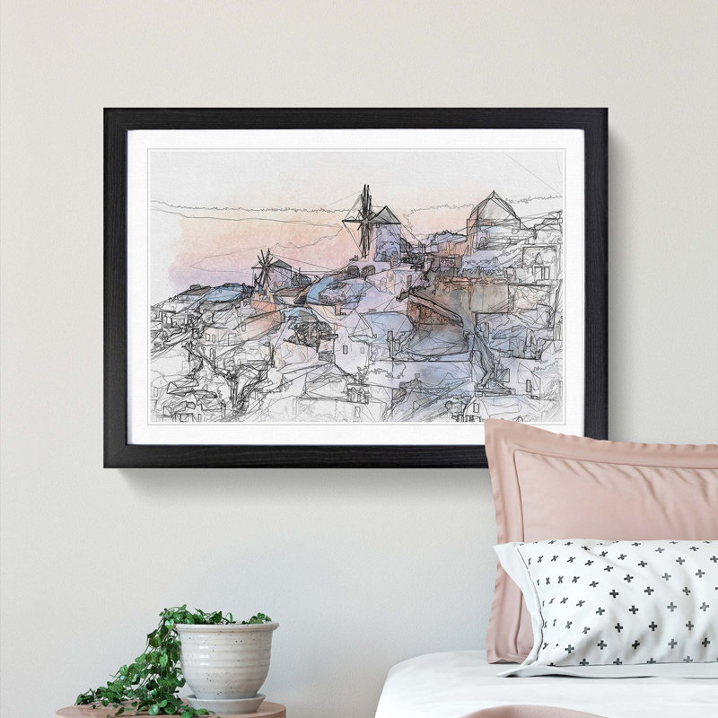 Oia Santorini Skyline in Greece in Abstract - Picture Frame Graphic Art Print, 27cm H x 36cm W x 2cm D, Black Framed