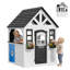 Maisonnette d'extérieur en bois avec cuisine, porte pour animaux, boîtes à fleurs et tableau noir pour enfants