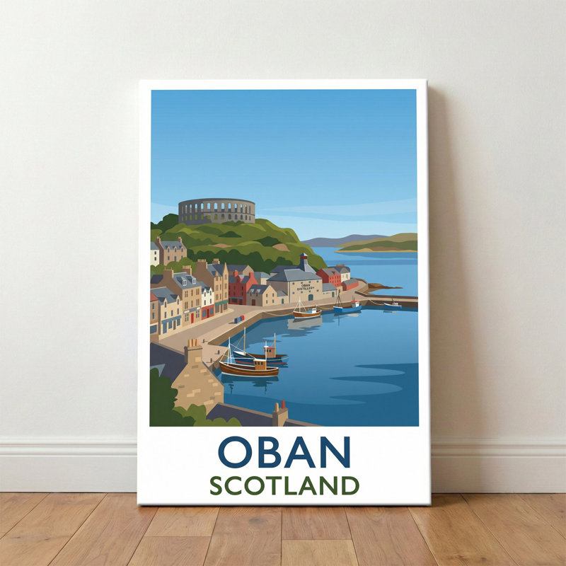 Oban, Scotland - Romantic Harbour Travel Poster, Gateway To The Hebrides. Giclee Print On Wrapped Canvas. Wall Art, Home Decor - Cities & Towns, Scotland - Wrapped Canvas Print