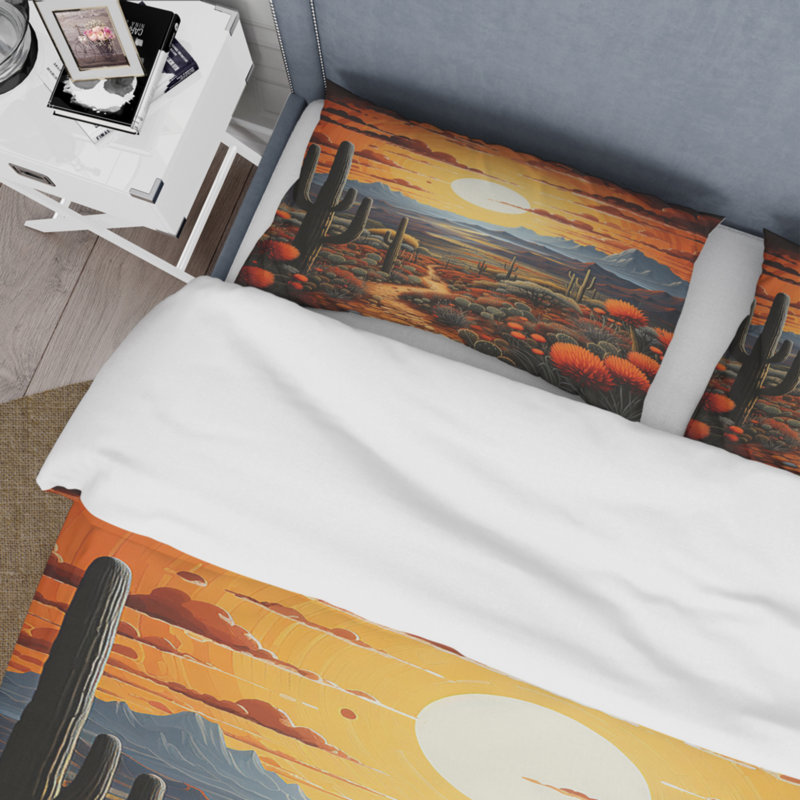 Ensemble de housse de couette jaune et vert Cactus Desert Sunset Saguaro - Floral and Botanical